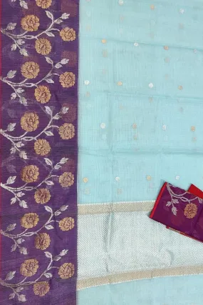 Blue And Purple Kota Doria Handloom Real Zari Saree