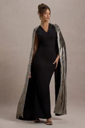 Ilenia | Robe longue noire à décolleté en V avec cape métallique