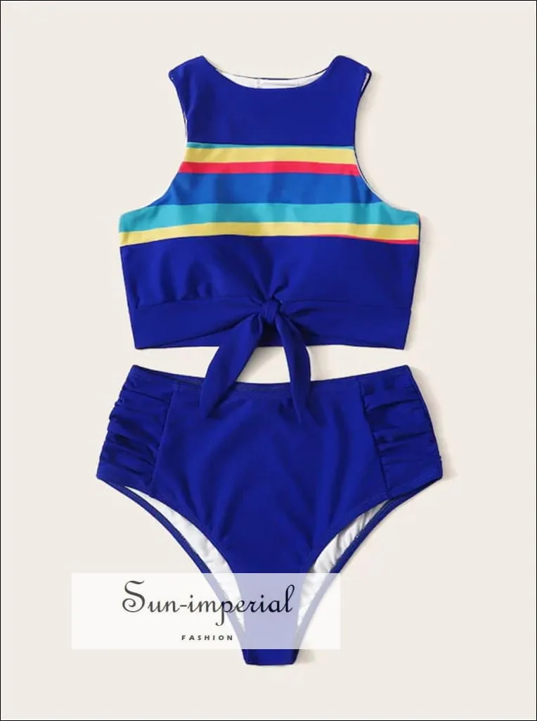 Knot front top with Dot High Waist Bikini Set - Blue top Striped bottom