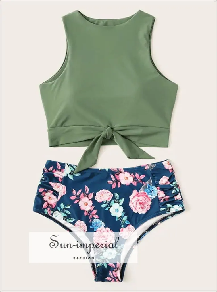 Knot front top with Dot High Waist Bikini Set - Green top Blue bottom