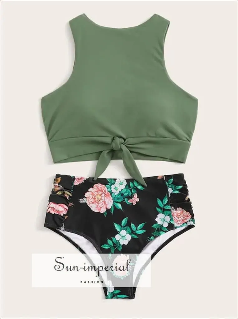 Knot front top with Dot High Waist Bikini Set - Green top Tropical bottom